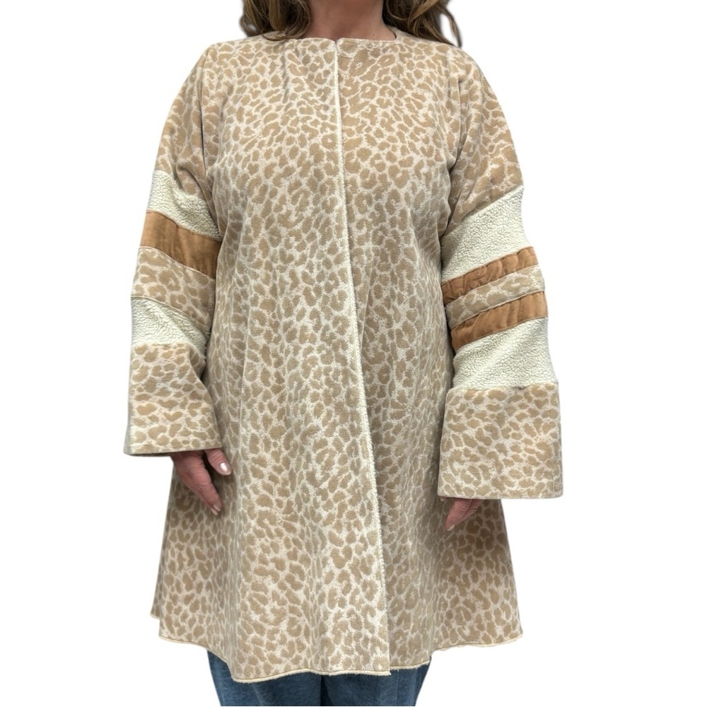 Vintage Beige Leopard Print Open Front Coat Textured Sleeve Stripes Handmade - Picture 5 of 11